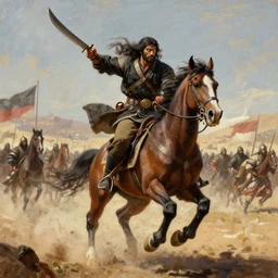 machete wielding gurkha, full body view, long flowing hair, deathmatch, glowing eyes, horseback combat attacker foreground, islamic revolution, mongolian invasion of iraq, invading army background, classicism artstyle, sharp brushstrokes