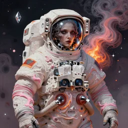 a photorealistic portrait of a monstrous female astronaut, visions of a mirrored droplet, crystal, impasto, smoky swirls of pink cream, rejected, a gate to infinity, fire, paint splashes, warm inhuman, between gifts, beyond the stars into the void, vector art, detailed digital matte painting by simon stalenhag and greg rutkowski
