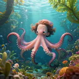 emma watson with octopus tentacles swimming in a garden under the sea in the shade. trending on cgsociety, happy atmosphere, natural volumetric lighting, exaggerated detailed, wide angle, octane render, raytraced realistic