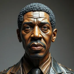 sculpture of denzel washington, made of recycled materials, detailed, cubism, full color hd