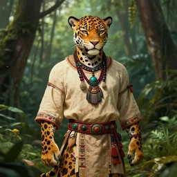 character portrait feature of the anthro male anthropomorphic jaguar fursona animal person wearing shaman tribal outfit robes belt standing in the amazon rainforest, character design stylized by charlie bowater, ross tran, artgerm, makoto shinkai, detailed, soft lighting, rendered in octane