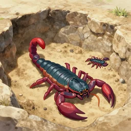 “a sandstone pit with scorpions, anime style, detailed background”