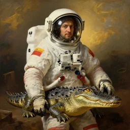 croccodile cosmonaut, proudly posing for a portrait, painted by rembrandt, intricate, detailed, atmospheric lighting, golden hour.