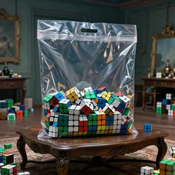 transparent plastic bag sitting on an antique coffee table in a room full of rubix cubes, realism art, ultra realistic, cinematic, cinematic, wide angle, intricate details, highly detailed by nance danforth, caravaggio, aaron horkey, boris vallejo, wayne barlowe, craig mullins, roberto ferri,