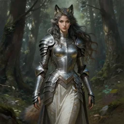 photo of a humanoid female wolf were a heroic dress an armour in the forest, long hair, highly detailed, digital painting, artstation, smooth, sharp focus, illustration, art by artgerm and greg rutkowski and alphonse mucha