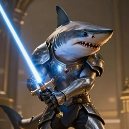 shark wearing armor, holding a lightsaber, fantasy, wonderful masterpiece highly detailed, scifi, beautiful cinematic light deep focus, elegant, digital painting, smooth, sharp focus, golden ratio, dramatic illumination, ultra realistic, 8 k, art by ilya kuvshinov, artgerm, alphonse mucha, and greg rutkowski