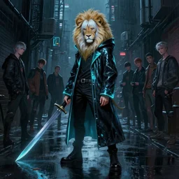 digital painting of a teenage Synthwave stylized albino lion in a dark rainy cyberpunk alleyway while holding a long dagger and wearing a dark cyan neon glowing black cloak reflecting on the wet pavement, by Stanley Artgerm Lau, frank frazetta, Rossdraws, James Jean, gerald brom, Andrei Riabovitchev, Marc Simonetti, and Sakimichan, trending on artstation, cinematic lighting, SFW version