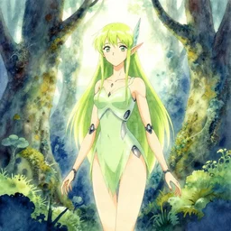 cyborg faerie princess at the lichen woods. watercolor by moebius, clamp and arina tanemura, backlighting, vibrant palette.