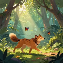 mowgli chasing butterflies in a magical jungle, fantasy art, god rays, beautiful colors and composition, by christophe vacher