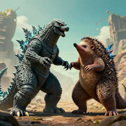 a hedgehog alien fighting godzilla