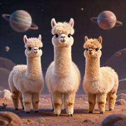 3 d rendering of an alien alpacafamily on an exoplanet, octane renderer, fluffy, subsurface scattering, very beautiful, softblur, dynamic scene