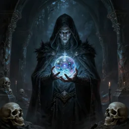 a lich holding a magical orb, surrounded by an aura of darkness, human skull, in a medieval crypt, fantasy horror art, digital painting, hdr, 8 k, cgsociety, octane engine