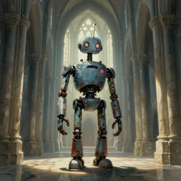 strange robot by shaun tan, cathedral interior, style of john kenn mortensen artgem yoshitaka amano