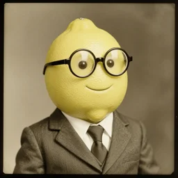 a lemon character wearing a suit and glasses, vintage photograph, sepia