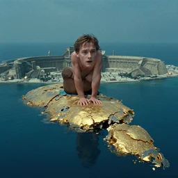 lost city of atlantis, water, gold, damaged, movie film still by terrence malick