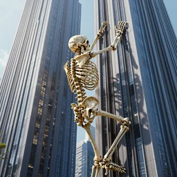 large human skeleton climbing side of a ( ( skyscraper ) ) with his hands, 8 k, volumetric lighting, epic scale, surrealism, hyperrealistic, aesthetic octane render