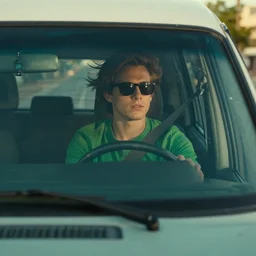 a young guy wearing green and driving a van down the street, wearing sunglasses, head in the wind, cinematic lighting, establishing shot, art by jordan grimmer