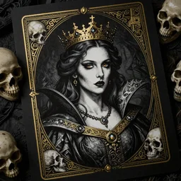 Portrait of the Queen of Entropy wearing a crown, high fantasy, gothic, black paper, dark atmosphere, skulls, detailed, cinematic, ornate, tarot card, highly detailed, ink illustration, Guy Denning, Anato Finnstark, golden ratio, 8k,
