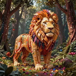 lion in the magical forest, lion made from ribbons and party confetti , concept art, huge scale, high detail, sci fi by Pablo Picasso