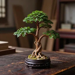 bonzai tree on a desk, close up, home lighting, dark old carpentry room backdrop, 3 3 mm