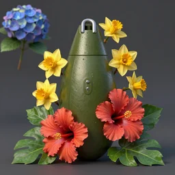 a nuclear warhead bomb covered by hibiscus, daffodils, hydrangea, montsera leaves by tom bagshaw and zach sutton, beautiful, very detailed, artstation, 8 k