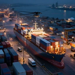 sci - fi cargo containers shipment port. wide angle night photo. helicopter view. exaggerated detail. volumetric lighting. art by simon stalenhag