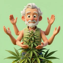 a calmly old charman with four arms and four eyes takecare of his magical cannabis highly detailed, art by christophe vacher