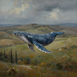a beautiful landscape painting, a flying whale, tuscany hills, by sam guay, moody lighting, hyperrealism, 4 k, octane render