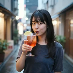 portrait of a young japanese woman drinking a campari spritz in a tokyo alley at night, raining, photography
