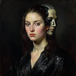 hyperrealism mixed with classicism, oil painting, close - up view of face of fashion model in front, almost invisible melting cyborg face in back, fully clothes in black reflect robe, complete darkness, in style of classicism mixed with 8 0 s sci - fi hyperrealism