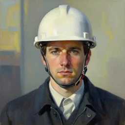 Portrait of an engineer with helmet,  very coherent, painted by Edward Hopper, Wayne Barlowe, painted by James Gilleard, airbrush,  art by JamesJean