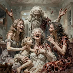 bright realistic anorexic family turning into a god and smiling franticly, old apartment, rotten flesh, diffuse lighting, fantasy, intricate, elegant, highly detailed, lifelike, photorealistic, digital painting, artstation, illustration, concept art, smooth, sharp focus, art by francis bacon and jenny saville