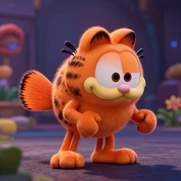 garfield in finding nemo movie still, cinematic lighting, ray tracing, octane render, long lens, shallow depth of field, bokeh, 8 k, hyper detailed, 3 5 mm film grain