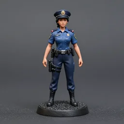 80mm resin detailed miniature of a female cop, police cap, full body, head, boots, Logo, textured base; Product Introduction Photos, 4K, view from front