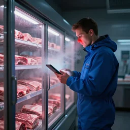 a man wearing a blue snow suit with no mask in a very dark and metallic meat freezer room and he's looking at a large tablet that's shining a red light on his face, there are slabs of meat on shelves, volumetric light, ice vapor, misty, cinematic