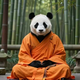 a high quality photo of a panda monk, wearing orange clothes, meditating, sitting in front of a temple. bamboo forest in the background, shinji aramaki