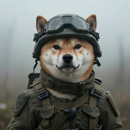 postapocalyptic foggy moody cinematic stil portrait of anthropomorphic anthro shiba inu wearing soldier helmet gear  , 4k  trending on artstation by rutkowski