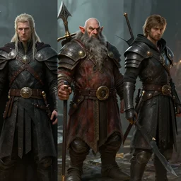 3 6 0 degree panorama of a mage, a dwarf, a warrior, and a thief, peter morbacher, ross tran, greg rutkowski, intricate details, trending on artstation, cinematic lighting, digital painting, sharp focus, no blur, octane render, artgerm
