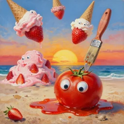 a funny detailed high resolution oil painting with dirty old brush of a lazy red burning and melting tomato with to many googly eyes on a beach to hot for the sun, big piles of strawberry icecream in cones falling from the sky on a sunset by james jean and fernando botero