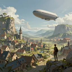 landscape an fantasy town in the sky and an airship flying towards it, andreas rocha