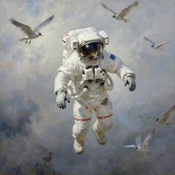 a cosmonaut floating with birds coming from its helmet by Jeremy Geddes, dreamy, ethereal, photo realistic, oil painting