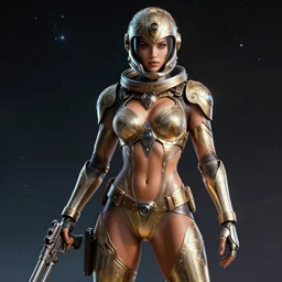 sexy fighter ornate feminine cyborg in full body skin space suit, arab helmet, belt concept art, joshua rife, gun, intricate, highlydetailed, space background, artstation 4 k raytracing, shadows, highlights, illumination