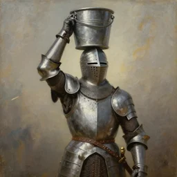medieval armored knight with only one arm and with a bucket on his head, painting