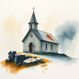 small centered on watercolor paper, paint brush strokes, abstract watercolor painting of traditional scandinavian stone church with small tower, rough rock, medieval chapel at dawn, cinematic light, national romanticism by hans dahl, by jesper ejsing, by anders zorn, by greg rutkowski, by greg manchess, by tyler edlin