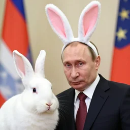 photos of vladimir putin with long rabbit ears, and a cute rabbit nose