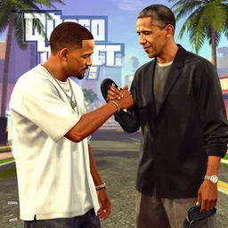 will smith slapping obama with a black flip flop, digital art in the style of gta 5 cover art