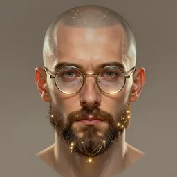 portrait of man with glasses with and shaved head and beard, intricate, elegant, glowing lights, highly detailed, digital painting, artstation, concept art, smooth, sharp focus, illustration, art by wlop, mars ravelo and greg rutkowski