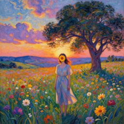 girl with a flower face, surreal photography, manipulation, dream, standing in flower field, hills, big trees, sunrise dramatic light, impressionist painting, colorful clouds, digital painting, pointillism, artstation, simon stalenhag, flower