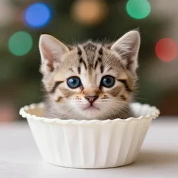 A tiny kitten in a paper cup liner, macro photography, bokeh, vibrant, award-winning