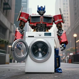 a washingmashine but as a robot like in a transformers movie, cinematic lighting, wide angle, hero shot, hero view, realisitc, city, michael bay movie